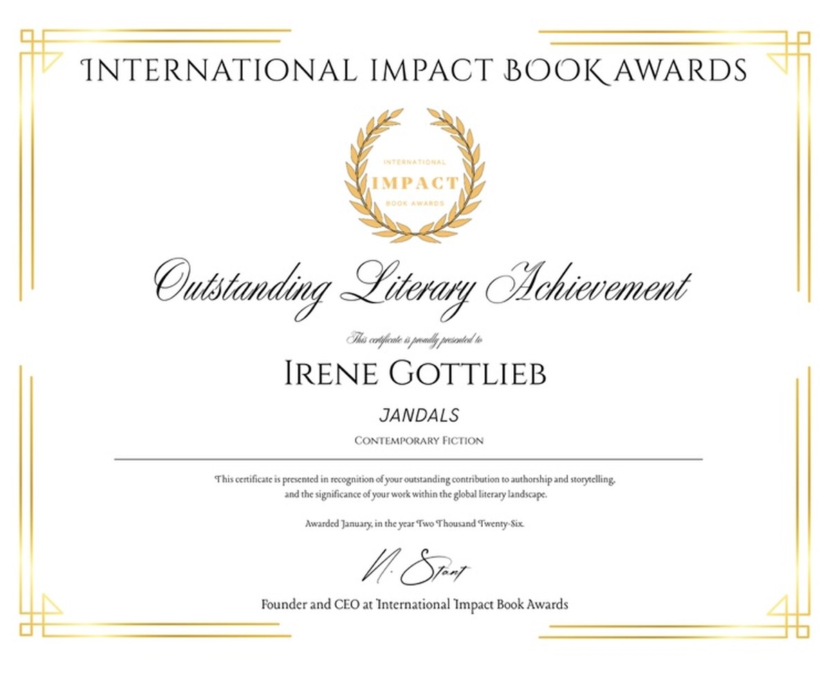 International Impact Book Awards certificate — Outstanding Literary Achievement presented to Irene Gottlieb for JANDALS, Contemporary Fiction, January 2026