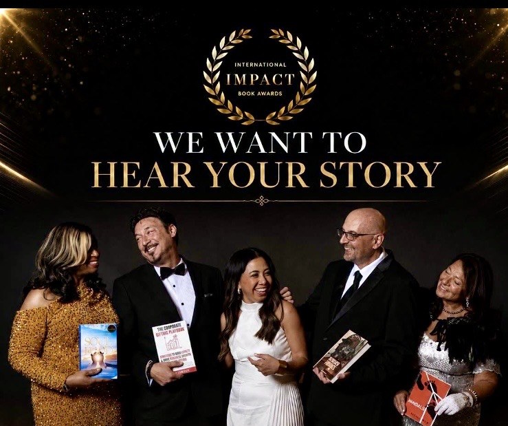 International Impact Book Awards campaign — 'We want to hear your story': five authors in gala attire with their books; Irene Gottlieb stands far right, holding JANDALS